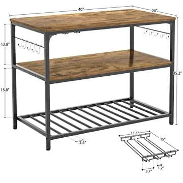 Homieasy Kitchen Island with Wine Glass Holder, Industrial Wood and Metal Coffee Bar Rack, 3 Tier Spacious Prep Table Extended Counter with Hooks Easy to Assemble, Rustic Brown