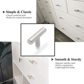 Probrico Stainless Steel Modern Cabinet Drawer Handle Pulls Kitchen Cupboard T Bar Knobs and Pull Handles Brushed Nickel - Single Hole - 15Pack