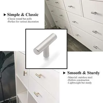 Probrico Stainless Steel Modern Cabinet Drawer Handle Pulls Kitchen Cupboard T Bar Knobs and Pull Handles Brushed Nickel - Single Hole - 15Pack