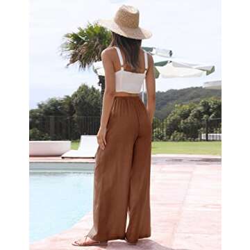 Faleave Women's Cotton Linen Summer Palazzo Pants Flowy Wide Leg Beach Trousers with Pockets(Rust-XS)