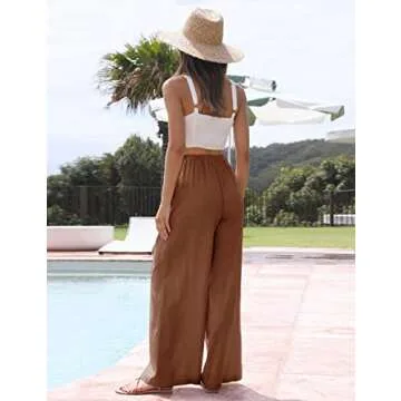 Faleave Women's Cotton Linen Summer Palazzo Pants Flowy Wide Leg Beach Trousers with Pockets(Rust-XS)