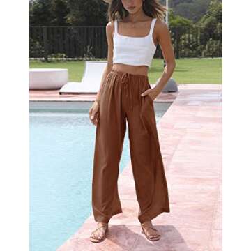Faleave Women's Cotton Linen Summer Palazzo Pants Flowy Wide Leg Beach Trousers with Pockets(Rust-XS)