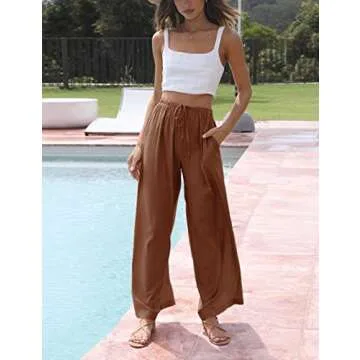 Faleave Women's Cotton Linen Summer Palazzo Pants Flowy Wide Leg Beach Trousers with Pockets(Rust-XS)