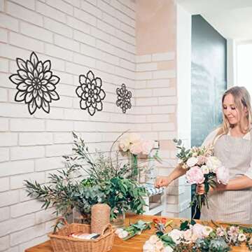 Moxweyeni 3 Pieces Metal Flowers Wall Decoration, Metal Rustic Wall Art Farmhouse Multiple Floral Hanging Decoration for Bathroom Home Office(Black)