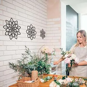 Moxweyeni 3 Pieces Metal Flowers Wall Decoration, Metal Rustic Wall Art Farmhouse Multiple Floral Hanging Decoration for Bathroom Home Office(Black)