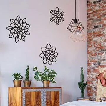 Moxweyeni 3 Pieces Metal Flowers Wall Decoration, Metal Rustic Wall Art Farmhouse Multiple Floral Hanging Decoration for Bathroom Home Office(Black)