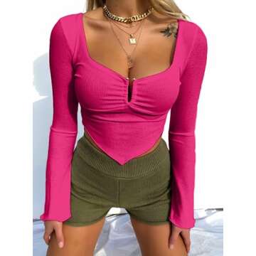 Avanova Women's Long Sleeve Knit Ribbed Crop Top Hot Pink