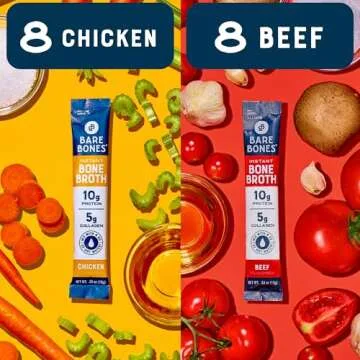 Bare Bones Bone Broth Instant Powdered Mix, Variety Pack, 8 Chicken and 8 Beef, 15g Sticks, 10g Protein, Keto & Paleo Friendly Bone Broth Packets, 16 Total Servings