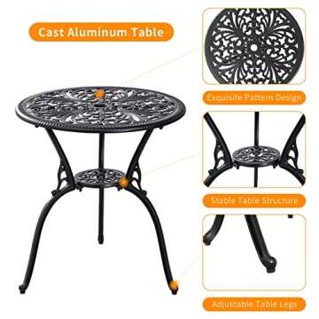 Withniture Outdoor Bistro Set 3 Piece Patio Bistro Set, Cast Aluminum Bistro Table and Chairs Set of 2, Small Patio Table Set for Porch, Black