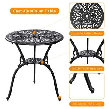 Withniture Outdoor Bistro Set 3 Piece Patio Bistro Set, Cast Aluminum Bistro Table and Chairs Set of 2, Small Patio Table Set for Porch, Black