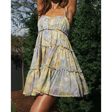 Mansy Womens 2025 Summer Floral Mini Dress Boho Flowy Skater Dresses Short Sleeveless Ruffle Spaghetti Strap Dress