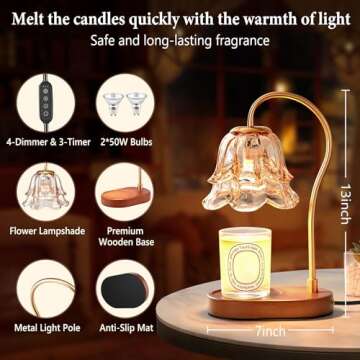 Flower Candle Warmer Lamp Gold with 2*50W Bulbs, Candle Warmer Lamp with timer, Flower Candle Warmer...