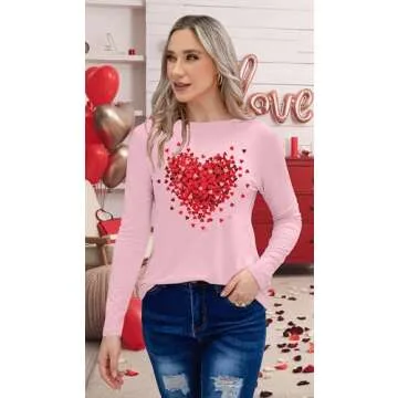 PECHAR Heart Graphic Valentines Shirt for Women Long Sleeve Tops