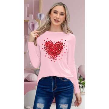 PECHAR Heart Graphic Valentines Shirt for Women Long Sleeve Tops