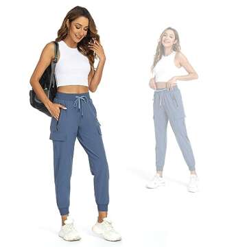Womens Cargo Pants with Pocket Quick Dry Workout Athletic Joggers Drawstring Travel Casual Outdoor Camping Hiking Pants(Dusty Blue S)