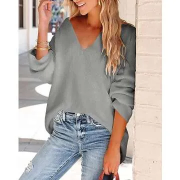 Imily Bela Women's Oversized Deep V Neck Sweater Grey for Fashionable Comfort