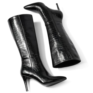 Modatope Black Crocodile Knee High Heels for Women