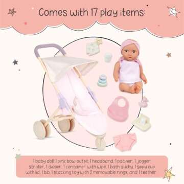 LullaBaby 14-inch Realistic Baby Doll Diaper & Care Accessories Bundle Brown Eyes & Soft Body Pretend Play Toys Baby Doll & Jogging Stroller Set Kids Ages 2 Years Old & Up