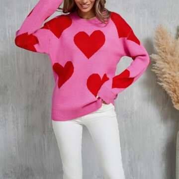 Women Cute Love Heart Sweater Y2K Long Sleeve Oversized Sweater Valentine's Day Pullover Knit Top Ro...