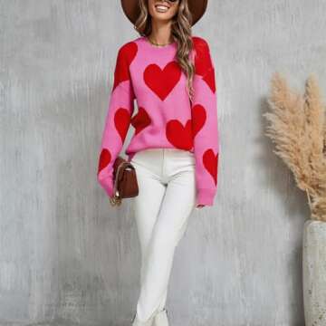 Women Cute Love Heart Sweater Y2K Long Sleeve Oversized Sweater Valentine's Day Pullover Knit Top Rose Red