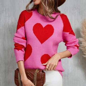 Women Cute Love Heart Sweater Y2K Long Sleeve Oversized Sweater Valentine's Day Pullover Knit Top Rose Red