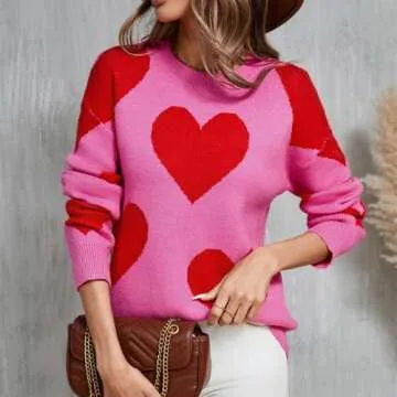 Women Cute Love Heart Sweater Y2K Long Sleeve Oversized Sweater Valentine's Day Pullover Knit Top Rose Red