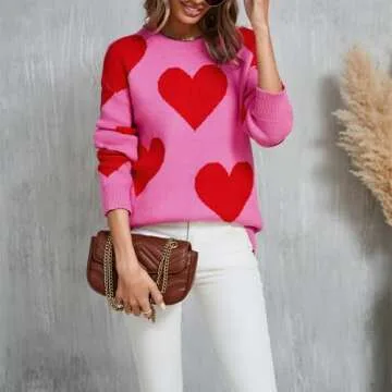 Women Cute Love Heart Sweater Y2K Long Sleeve Oversized Sweater Valentine's Day Pullover Knit Top Rose Red