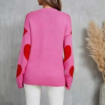 Women Cute Love Heart Sweater Y2K Long Sleeve Oversized Sweater Valentine's Day Pullover Knit Top Rose Red