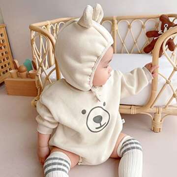 famuka Baby Boy/Girl Sweatshirt Romper Long Sleeve Bear Bodysuit (Beige, 9-12 Months)