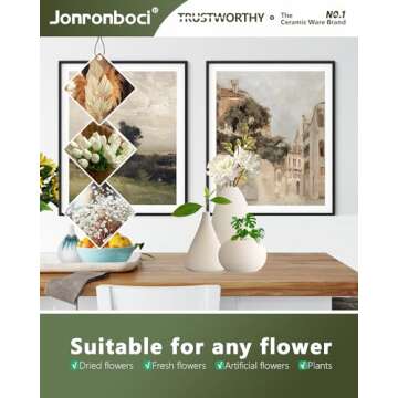 White Vases Home Decor Set-Ceramics Flower Vase Decorative, Modern Boho Decorations for Living Room Tv Stand Table Fireplace Mantle - Kitchen or Bedroom Shelf - Dining Room Centerpieces (Matte White)