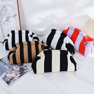 DIHKLCIO Clutch Purses for Women Summer Beach Woven Crochet Handbag Dumpling Striped Ruched Cloud Pu...