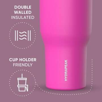 Hydrapeak Nomad 40 oz Tumbler with Handle and Straw Lid, Leakproof, Double Insulated, 40oz Cup Stainless Steel (Fuchsia)