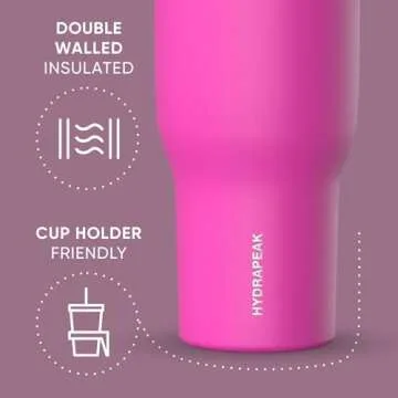 Hydrapeak Nomad 40 oz Tumbler with Handle and Straw Lid, Leakproof, Double Insulated, 40oz Cup Stainless Steel (Fuchsia)