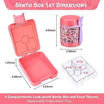 Pawtong Bento Lunch Box Set With 10oz Soup Thermo, Leak-proof Lunch Containers with 4 Compartment, Kids Hot Thermo Food Jar/Insulation Lunch Bag, Food Containers for School（Flamingo）