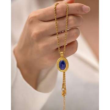 IBARA Women Gold Necklace Sun Crescent Moon Star Evil Eye Lock Lovely Heart Flower Butterfly Pearl Pendant Coin Necklaces 18K Gold CZ Diamond Filled Chain Dianty Boho Beach Simple Handmade Jewelry Gift (Oval Lapis Lazuli)