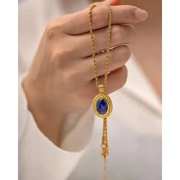 IBARA Women Gold Necklace Sun Crescent Moon Star Evil Eye Lock Lovely Heart Flower Butterfly Pearl Pendant Coin Necklaces 18K Gold CZ Diamond Filled Chain Dianty Boho Beach Simple Handmade Jewelry Gift (Oval Lapis Lazuli)