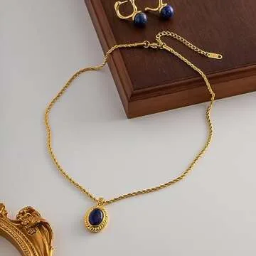 IBARA Women Gold Necklace Sun Crescent Moon Star Evil Eye Lock Lovely Heart Flower Butterfly Pearl Pendant Coin Necklaces 18K Gold CZ Diamond Filled Chain Dianty Boho Beach Simple Handmade Jewelry Gift (Oval Lapis Lazuli)
