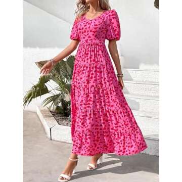 PRETTYGARDEN Smocked Short Sleeve Floral Sun Dresses Women Summer Casual Dresses for Women 2024 Beach Flowy Boho Maxi Dress (Floral Rose Red,XX-Large)