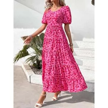 PRETTYGARDEN Smocked Short Sleeve Floral Sun Dresses Women Summer Casual Dresses for Women 2024 Beach Flowy Boho Maxi Dress (Floral Rose Red,XX-Large)