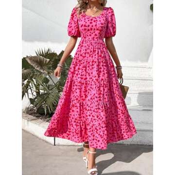 PRETTYGARDEN Smocked Short Sleeve Floral Sun Dresses Women Summer Casual Dresses for Women 2024 Beach Flowy Boho Maxi Dress (Floral Rose Red,XX-Large)