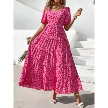 PRETTYGARDEN Smocked Short Sleeve Floral Sun Dresses Women Summer Casual Dresses for Women 2024 Beach Flowy Boho Maxi Dress (Floral Rose Red,XX-Large)