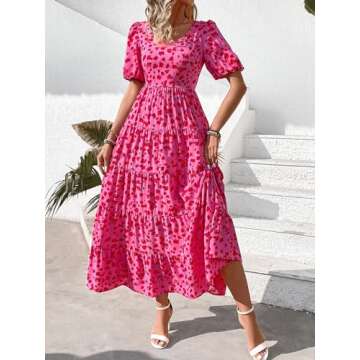 PRETTYGARDEN Smocked Short Sleeve Floral Sun Dresses Women Summer Casual Dresses for Women 2024 Beach Flowy Boho Maxi Dress (Floral Rose Red,XX-Large)