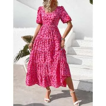 PRETTYGARDEN Smocked Short Sleeve Floral Sun Dresses Women Summer Casual Dresses for Women 2024 Beach Flowy Boho Maxi Dress (Floral Rose Red,XX-Large)