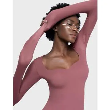 PUMIEY Bodysuits for Women Long Sleeve Body Suit Sweetheart Neck Shirts Sexy Tops, Marsala Small