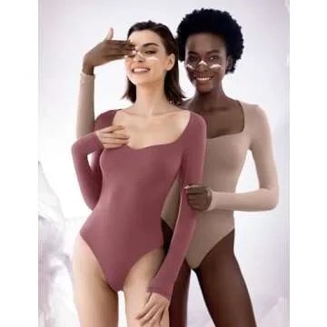 PUMIEY Bodysuits for Women Long Sleeve Body Suit Sweetheart Neck Shirts Sexy Tops, Marsala Small