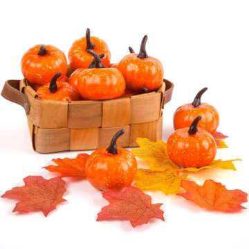 DomeStar 42 PCS Artificial Pumpkins Sets, 12PCS Mini Fake Pumpkins with 30PCS Lifelike Maple Leaves Faux Pumpkins for Decorating Fall Harvest Garland Halloween DIY for Crafts Thanksgiving Decorations