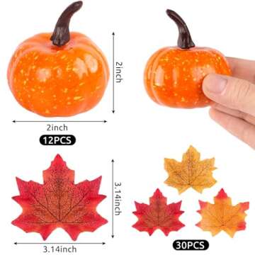DomeStar 42 PCS Artificial Pumpkins Sets, 12PCS Mini Fake Pumpkins with 30PCS Lifelike Maple Leaves Faux Pumpkins for Decorating Fall Harvest Garland Halloween DIY for Crafts Thanksgiving Decorations