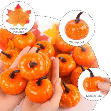DomeStar 42 PCS Artificial Pumpkins Sets, 12PCS Mini Fake Pumpkins with 30PCS Lifelike Maple Leaves Faux Pumpkins for Decorating Fall Harvest Garland Halloween DIY for Crafts Thanksgiving Decorations