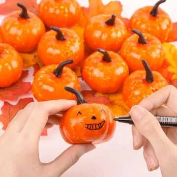 DomeStar 42 PCS Artificial Pumpkins Sets, 12PCS Mini Fake Pumpkins with 30PCS Lifelike Maple Leaves Faux Pumpkins for Decorating Fall Harvest Garland Halloween DIY for Crafts Thanksgiving Decorations