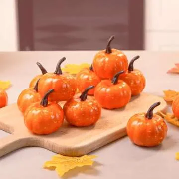 DomeStar 42 PCS Artificial Pumpkins Sets, 12PCS Mini Fake Pumpkins with 30PCS Lifelike Maple Leaves Faux Pumpkins for Decorating Fall Harvest Garland Halloween DIY for Crafts Thanksgiving Decorations